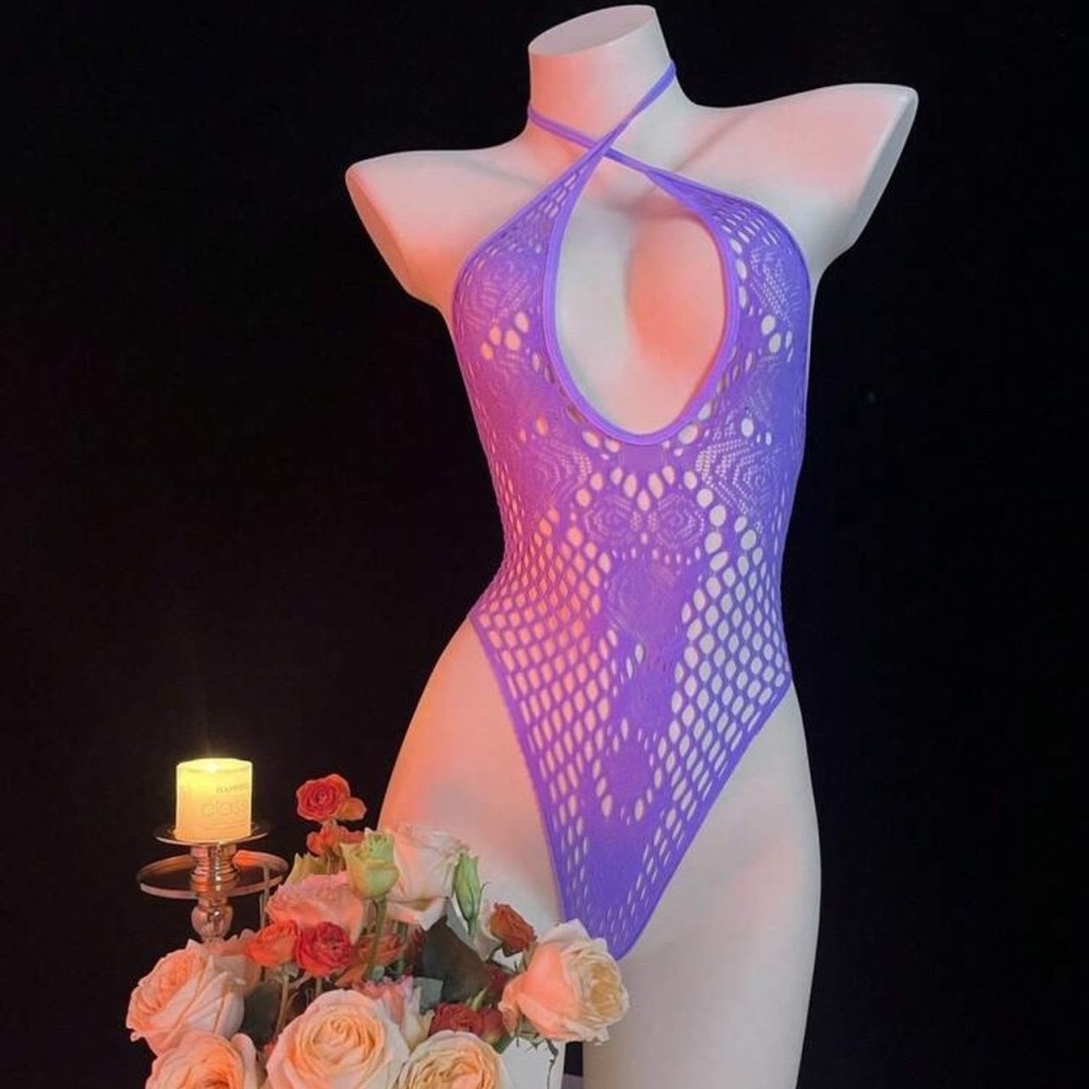 Purple Crochet Halter Bodysuit